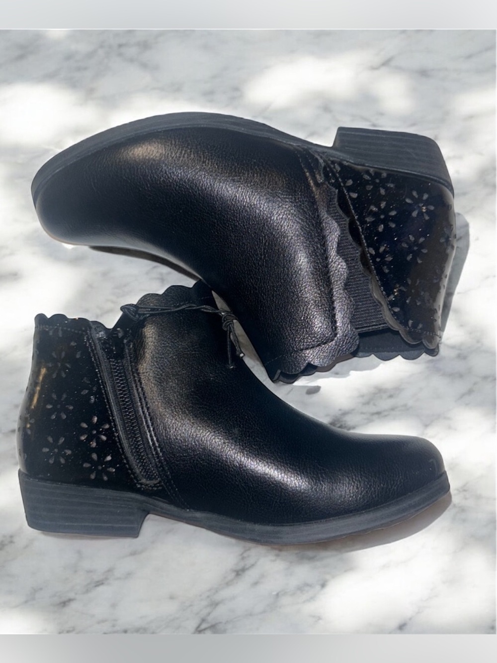 Thereabouts Kids Girls Black Pima Ankle Boots with Scalloped Floral Cut Out